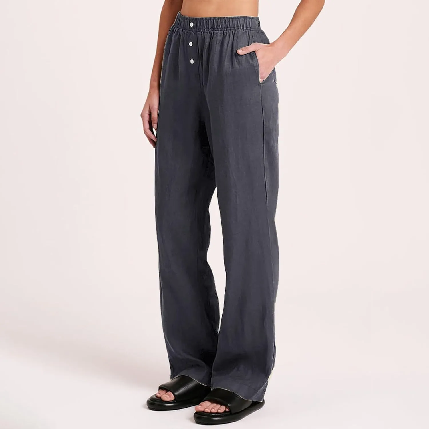 Linen Wide Leg Pants Women Summer Casual Drawstring Elastic High Waist Trousers Resort Wear Beach Trendy Palazzo Pant