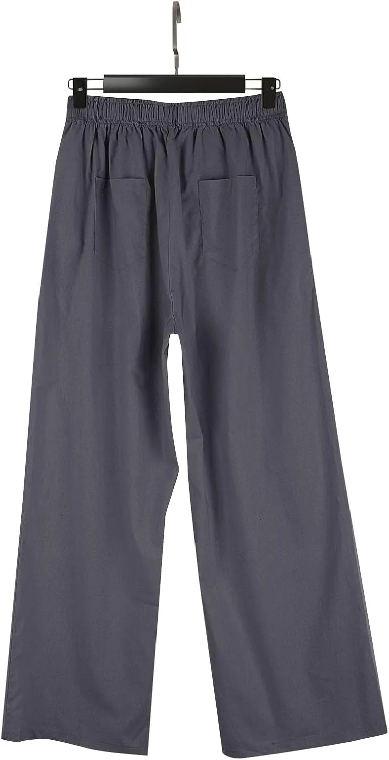 Linen Wide Leg Pants Women Summer Casual Drawstring Elastic High Waist Trousers Resort Wear Beach Trendy Palazzo Pant