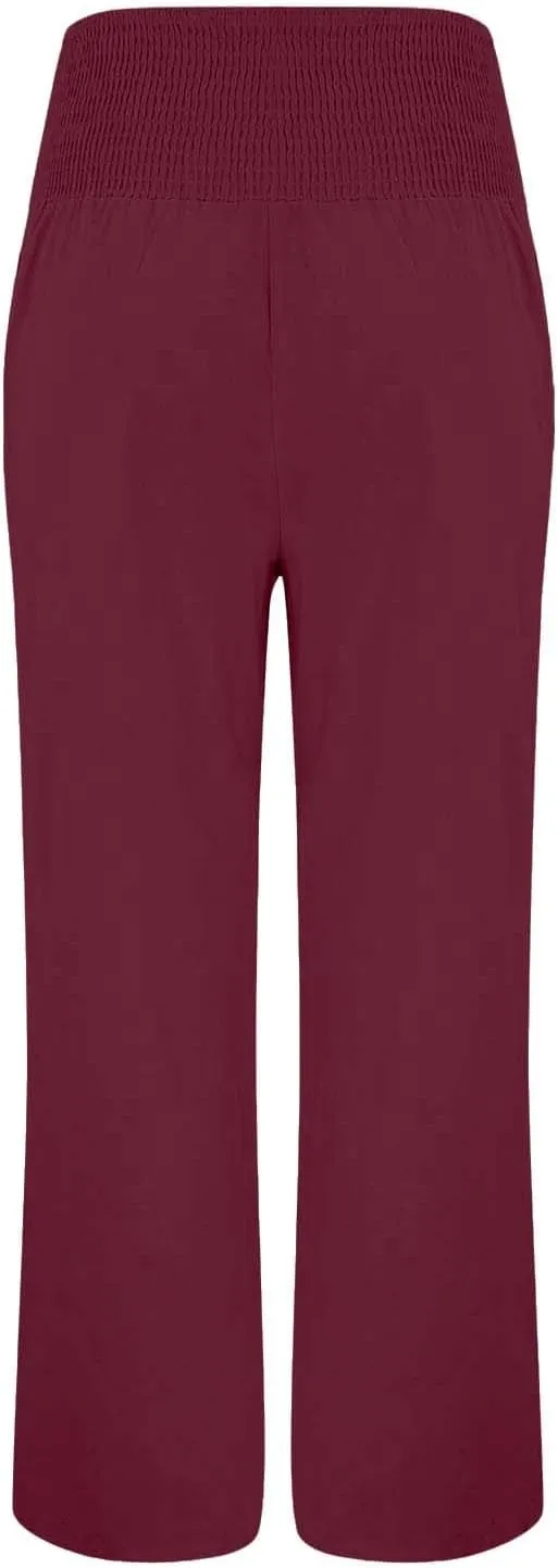 Linen Wide Leg Pants Women Summer Casual Drawstring Elastic High Waist Trousers Resort Wear Beach Trendy Palazzo Pant