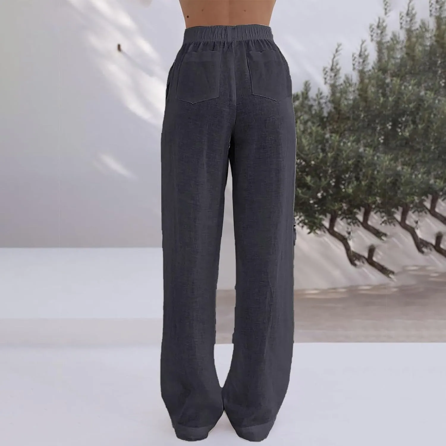 Linen Wide Leg Pants Women Summer Casual Drawstring Elastic High Waist Trousers Resort Wear Beach Trendy Palazzo Pant