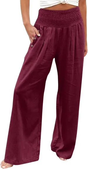 Linen Wide Leg Pants Women Summer Casual Drawstring Elastic High Waist Trousers Resort Wear Beach Trendy Palazzo Pant