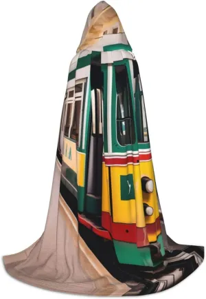 Lisbon Tram Pattern Hooded Cloak Coat Winter Warm Long Cloak Cosplay Costumes Outerwear Carnivals Hoodies Capes