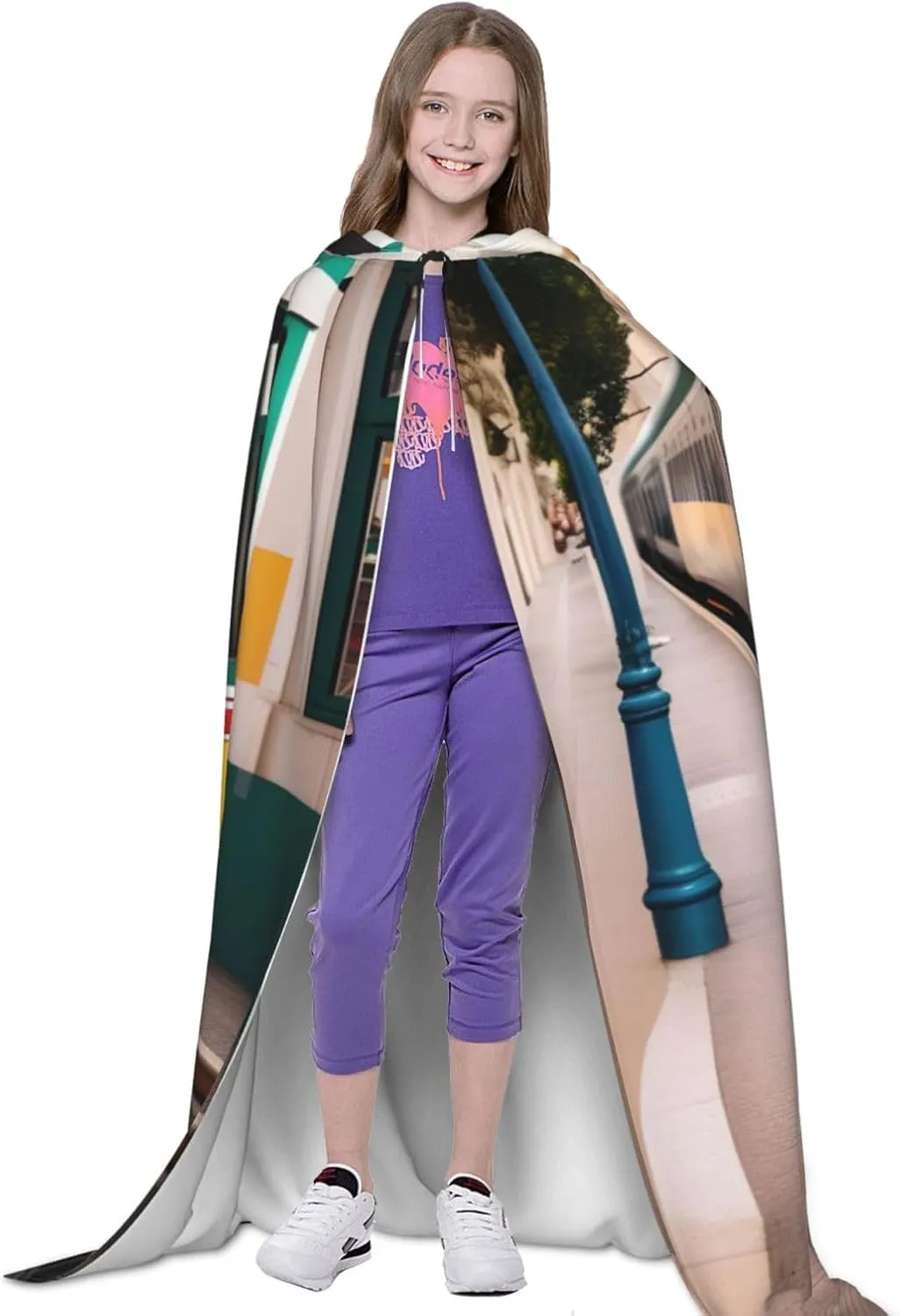 Lisbon Tram Pattern Hooded Cloak Coat Winter Warm Long Cloak Cosplay Costumes Outerwear Carnivals Hoodies Capes