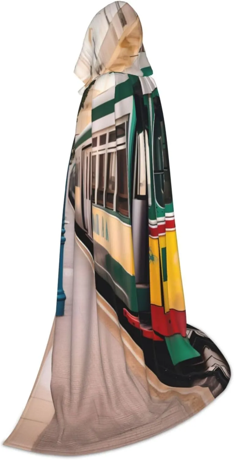 Lisbon Tram Pattern Hooded Cloak Coat Winter Warm Long Cloak Cosplay Costumes Outerwear Carnivals Hoodies Capes