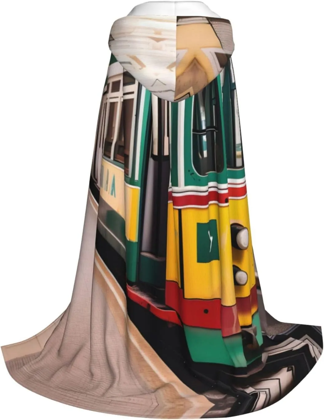 Lisbon Tram Pattern Hooded Cloak Coat Winter Warm Long Cloak Cosplay Costumes Outerwear Carnivals Hoodies Capes