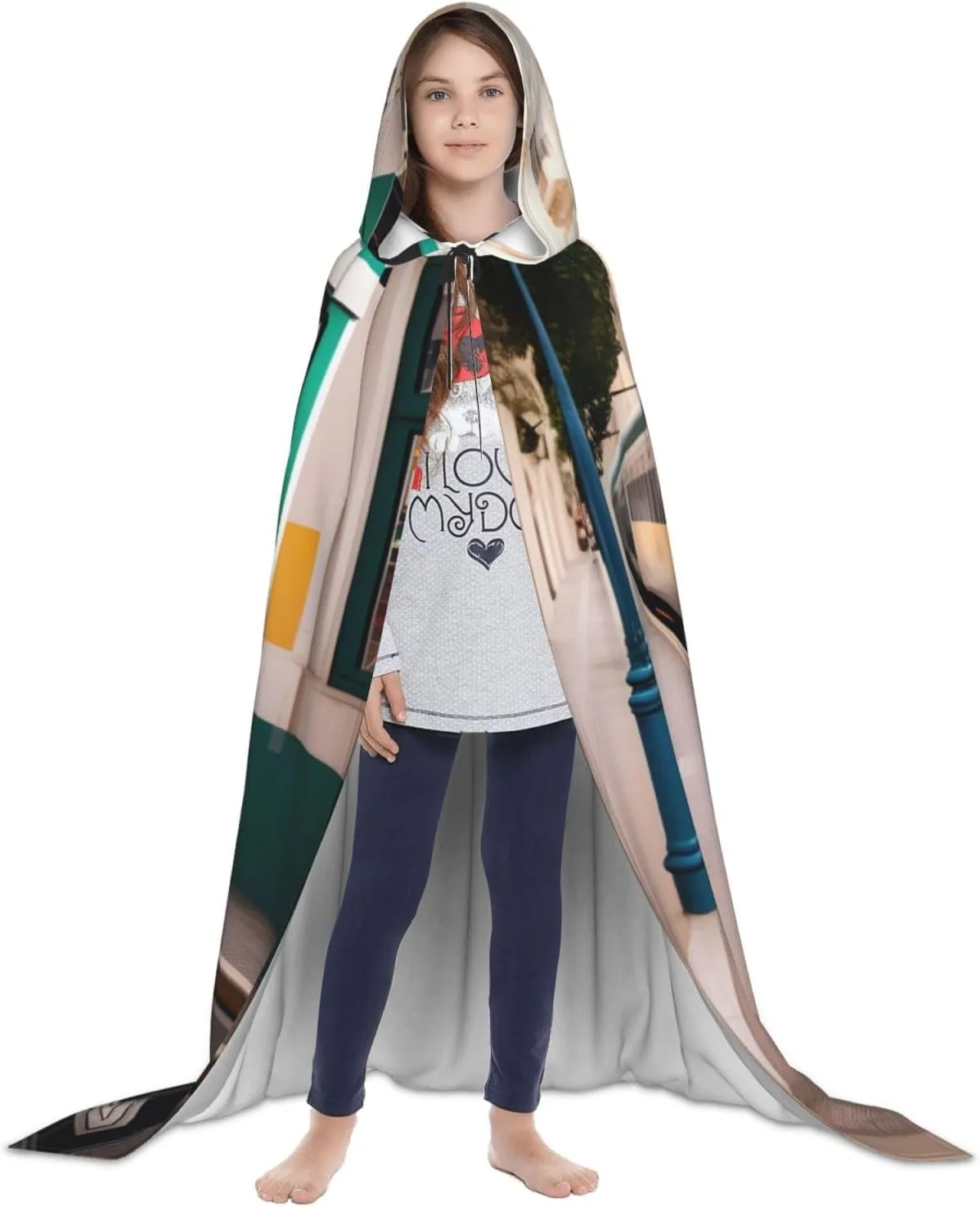 Lisbon Tram Pattern Hooded Cloak Coat Winter Warm Long Cloak Cosplay Costumes Outerwear Carnivals Hoodies Capes
