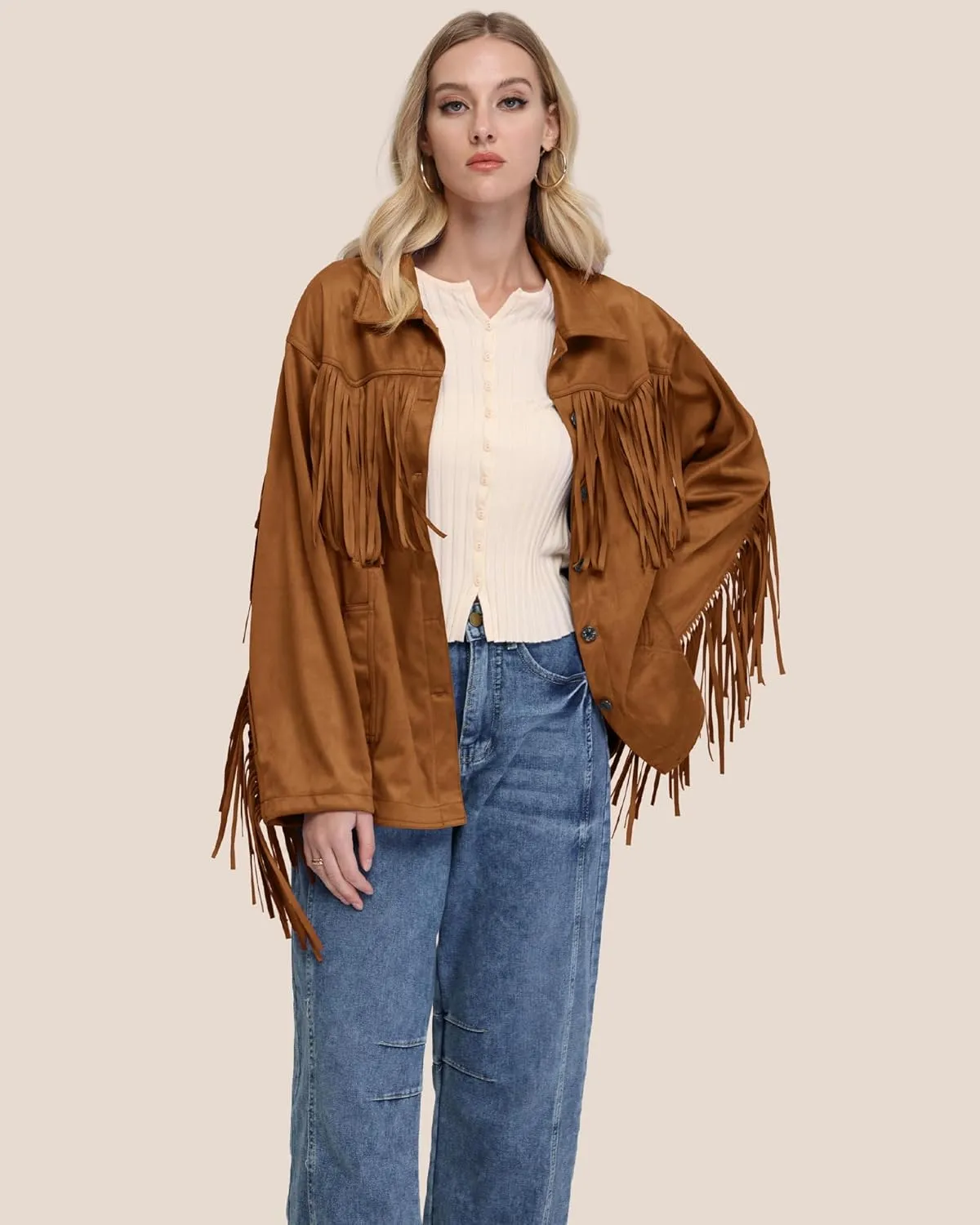 Locachy Women's Faux Suede Fringe Jacket Vintage Western Cowgirl Tassel Jackets Country Concert Outfits