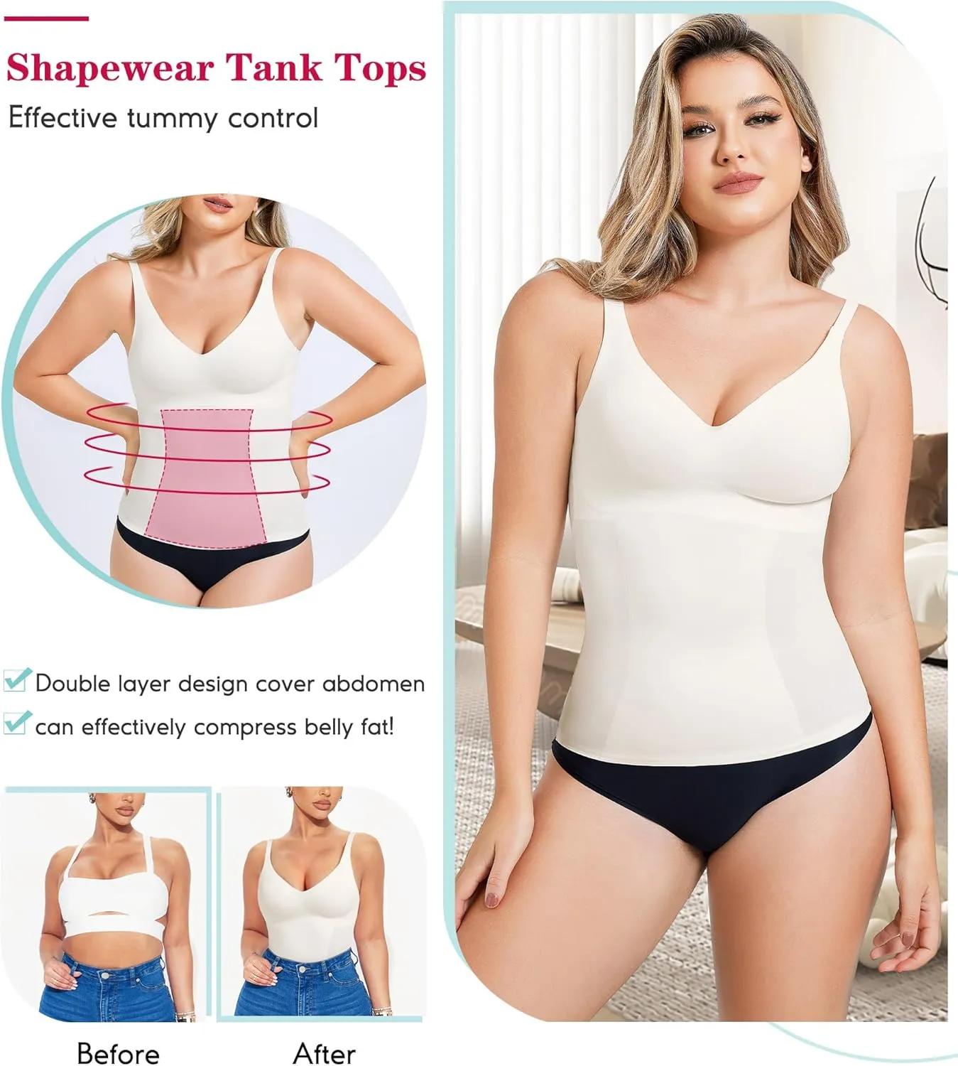 LODAY Compression Tank Tops for Women Tummy Control Shapewear Seamless Body Shaper Workout V-Neck Camisole Cami Tops