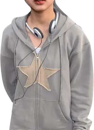 LOFAAC Women Oversized Star Graphic Zip Up Hoodies Sweatshirt Y2K Vintage Long Sleeve Drawstring Jacket Pullover Outwear