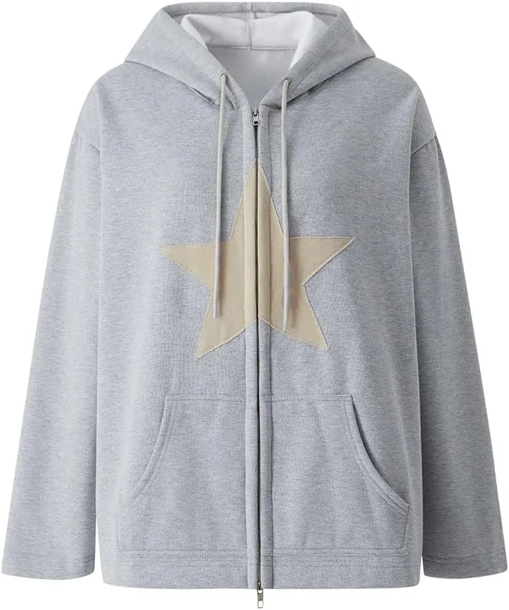 LOFAAC Women Oversized Star Graphic Zip Up Hoodies Sweatshirt Y2K Vintage Long Sleeve Drawstring Jacket Pullover Outwear