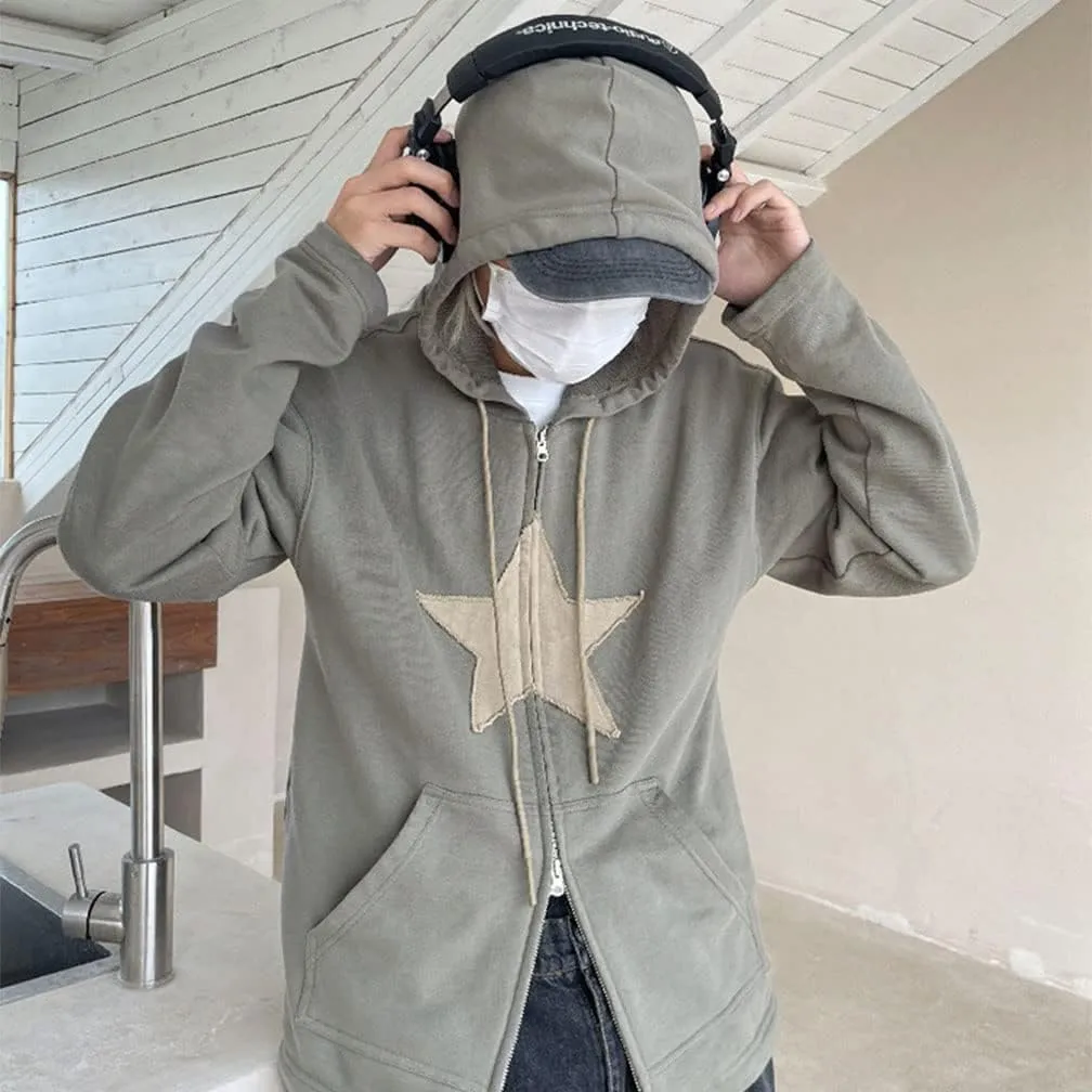LOFAAC Women Oversized Star Graphic Zip Up Hoodies Sweatshirt Y2K Vintage Long Sleeve Drawstring Jacket Pullover Outwear