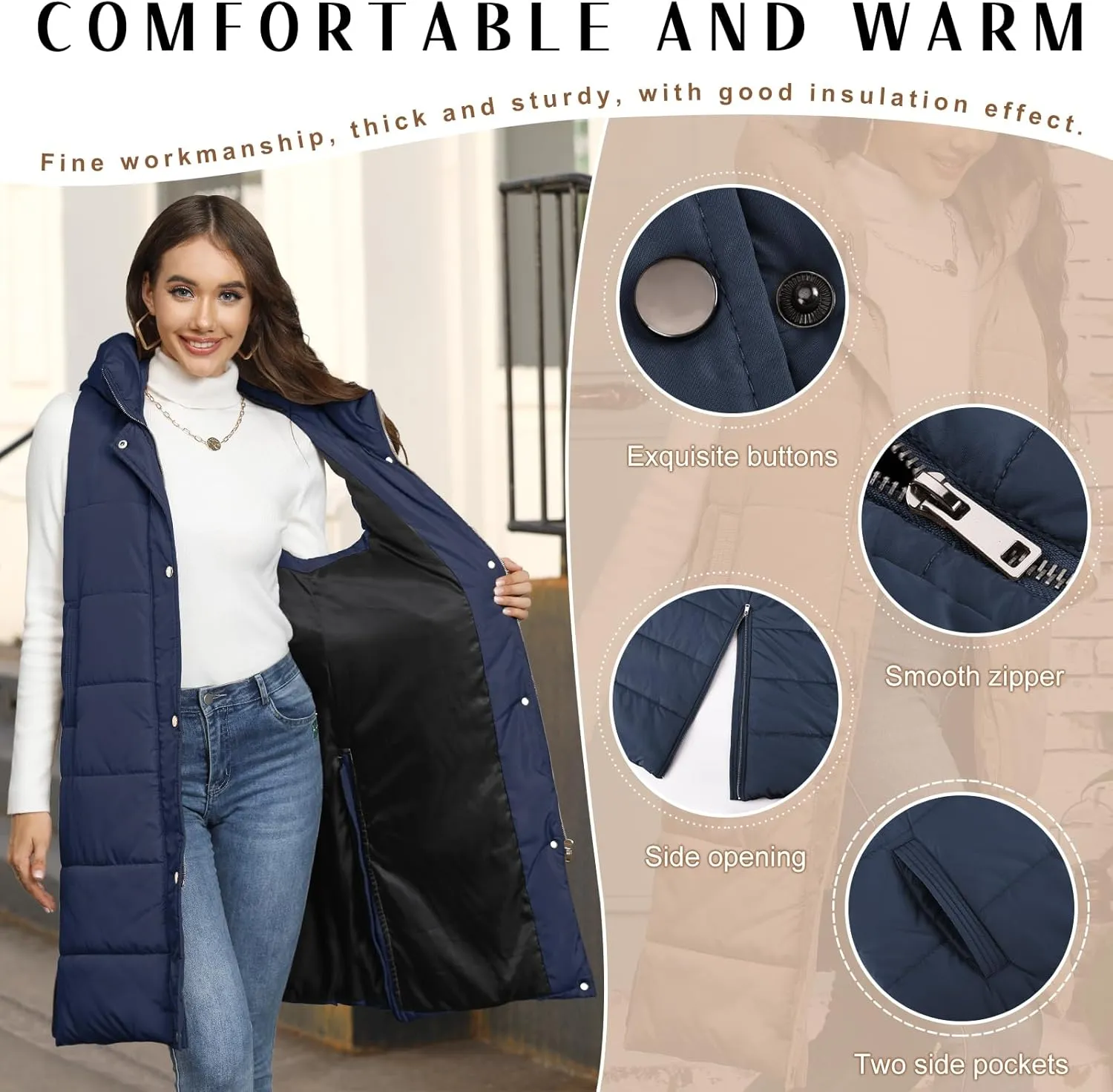 Long Puffer Vest Women Quilted Hooded Vest Zip Up Sleeveless Vests Outerwear Padded Jacket Warm Winter Coat 2025