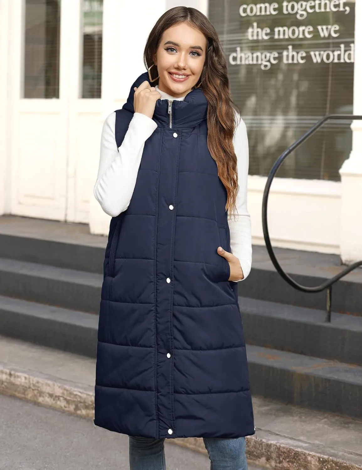 Long Puffer Vest Women Quilted Hooded Vest Zip Up Sleeveless Vests Outerwear Padded Jacket Warm Winter Coat 2025