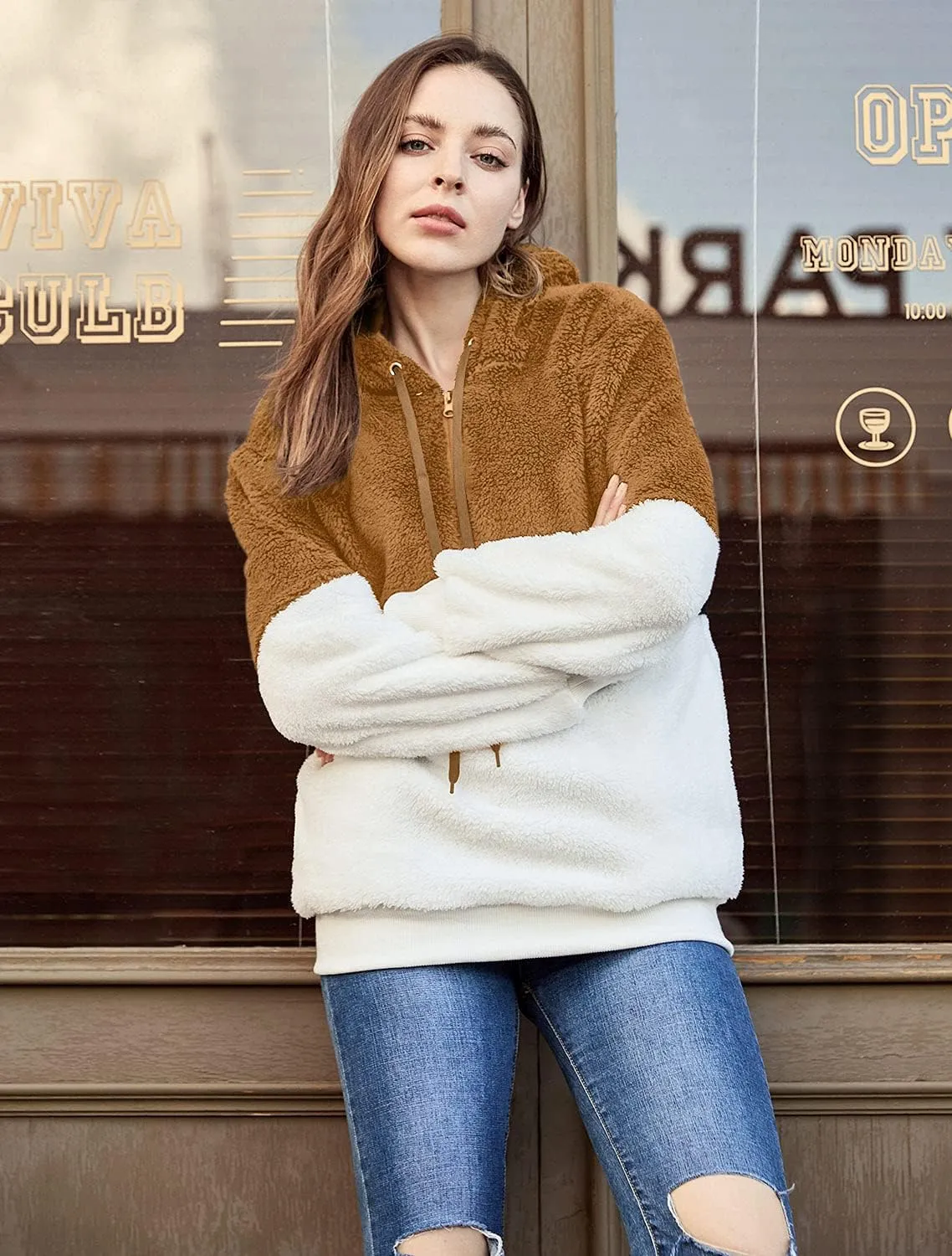 LONGYUAN Women Casual Hoodies Fashion Fuzzy Warm Pullover Sherpa Outerwear with Pockets