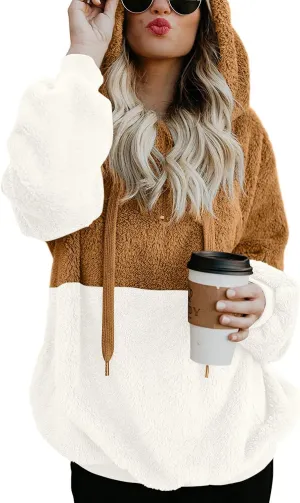 LONGYUAN Women Casual Hoodies Fashion Fuzzy Warm Pullover Sherpa Outerwear with Pockets