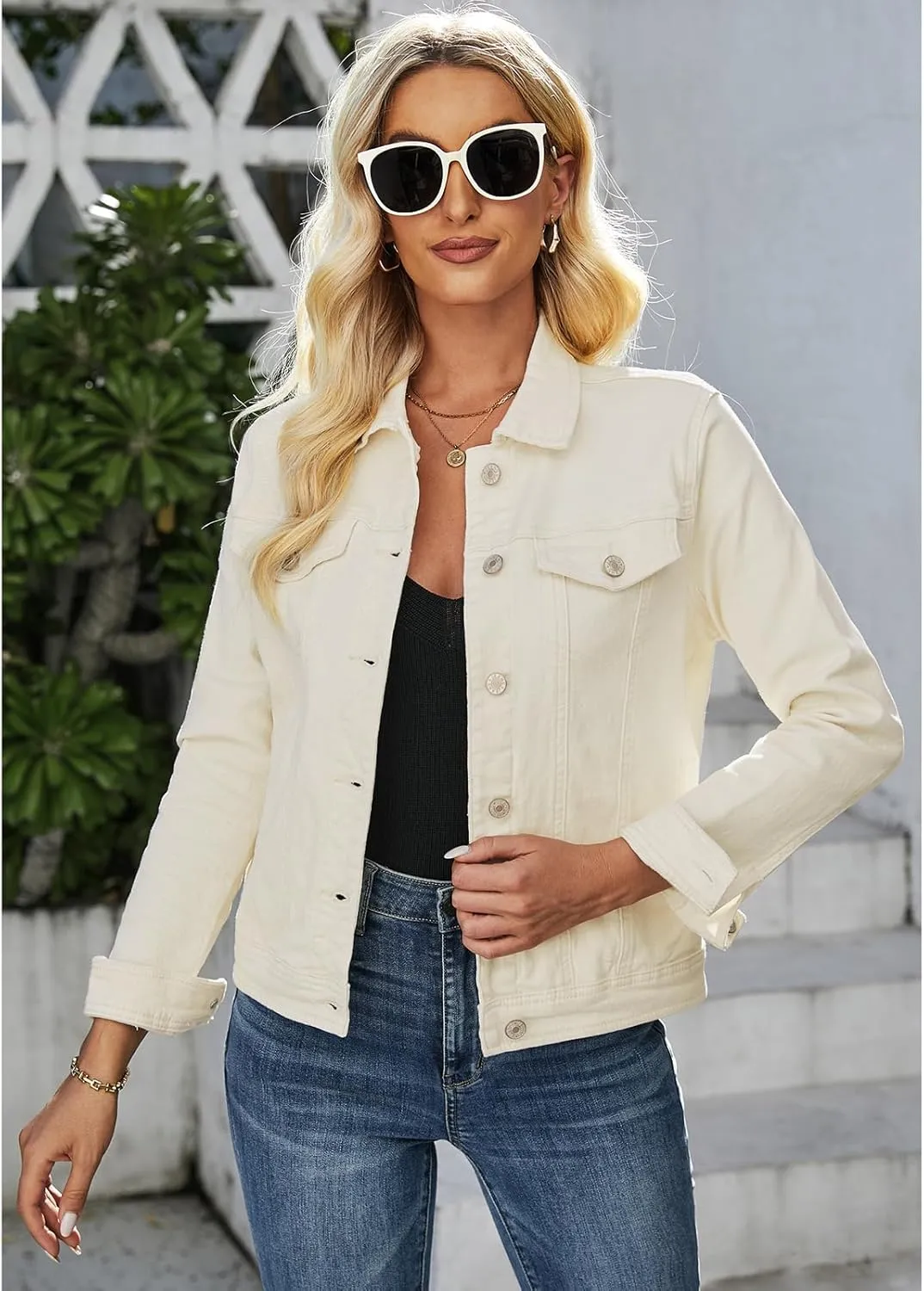 luvamia Women's Basic Button Down Stretch Fitted Long Sleeves Denim Jean Jacket