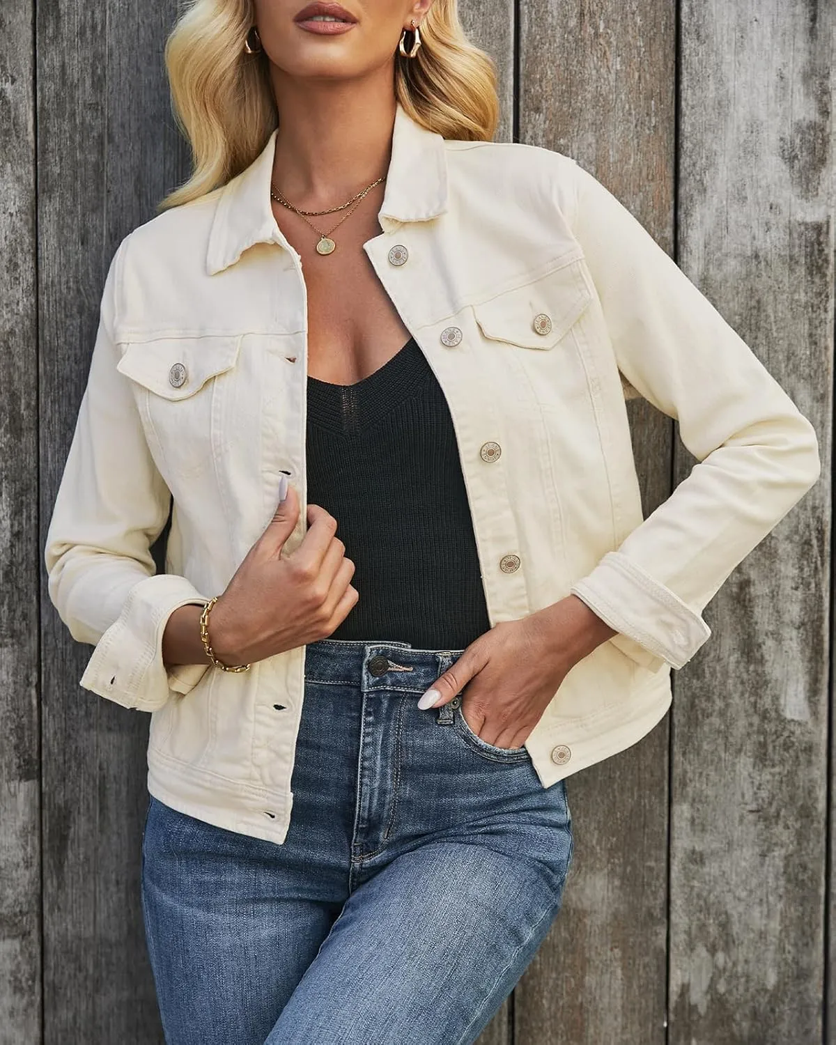 luvamia Women's Basic Button Down Stretch Fitted Long Sleeves Denim Jean Jacket
