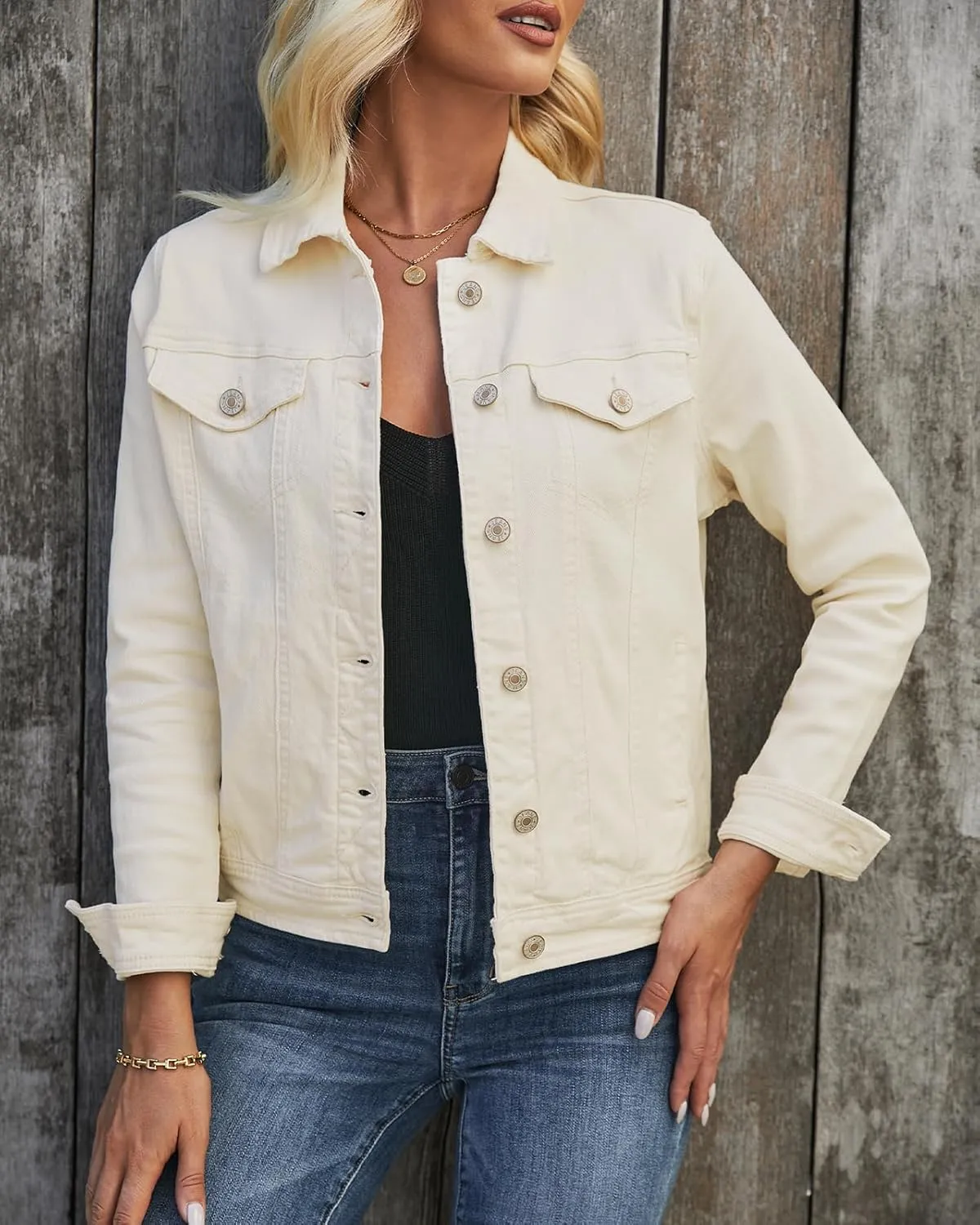 luvamia Women's Basic Button Down Stretch Fitted Long Sleeves Denim Jean Jacket