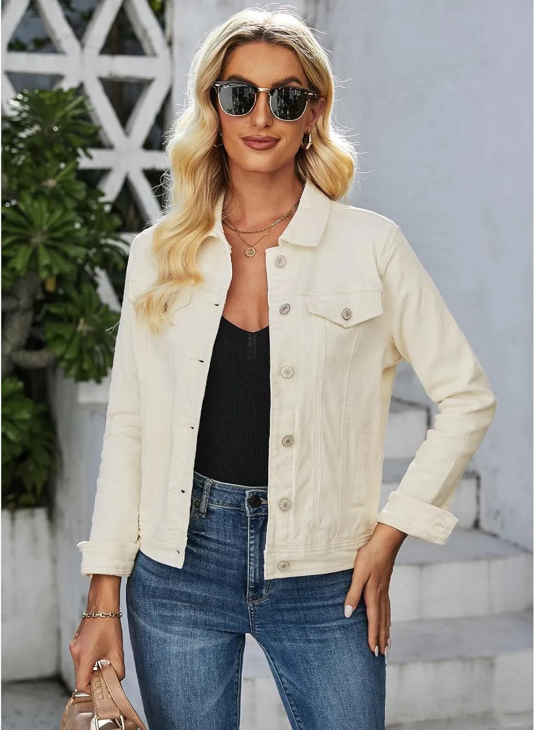 luvamia Women's Basic Button Down Stretch Fitted Long Sleeves Denim Jean Jacket