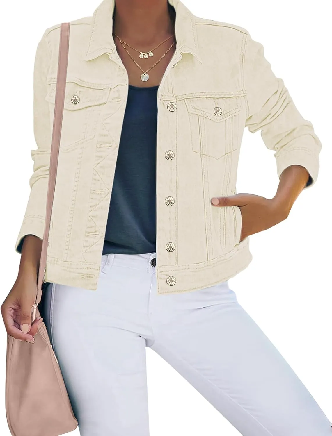 luvamia Women's Basic Button Down Stretch Fitted Long Sleeves Denim Jean Jacket