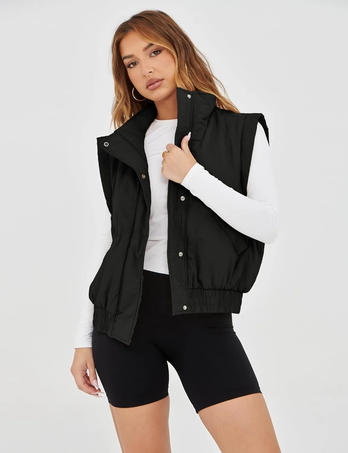 Lviefent Womens Puffer Vest Cropped Lightweight Button Down Quilted Vest Sleeveless Padded Gilet Coat with Pockets
