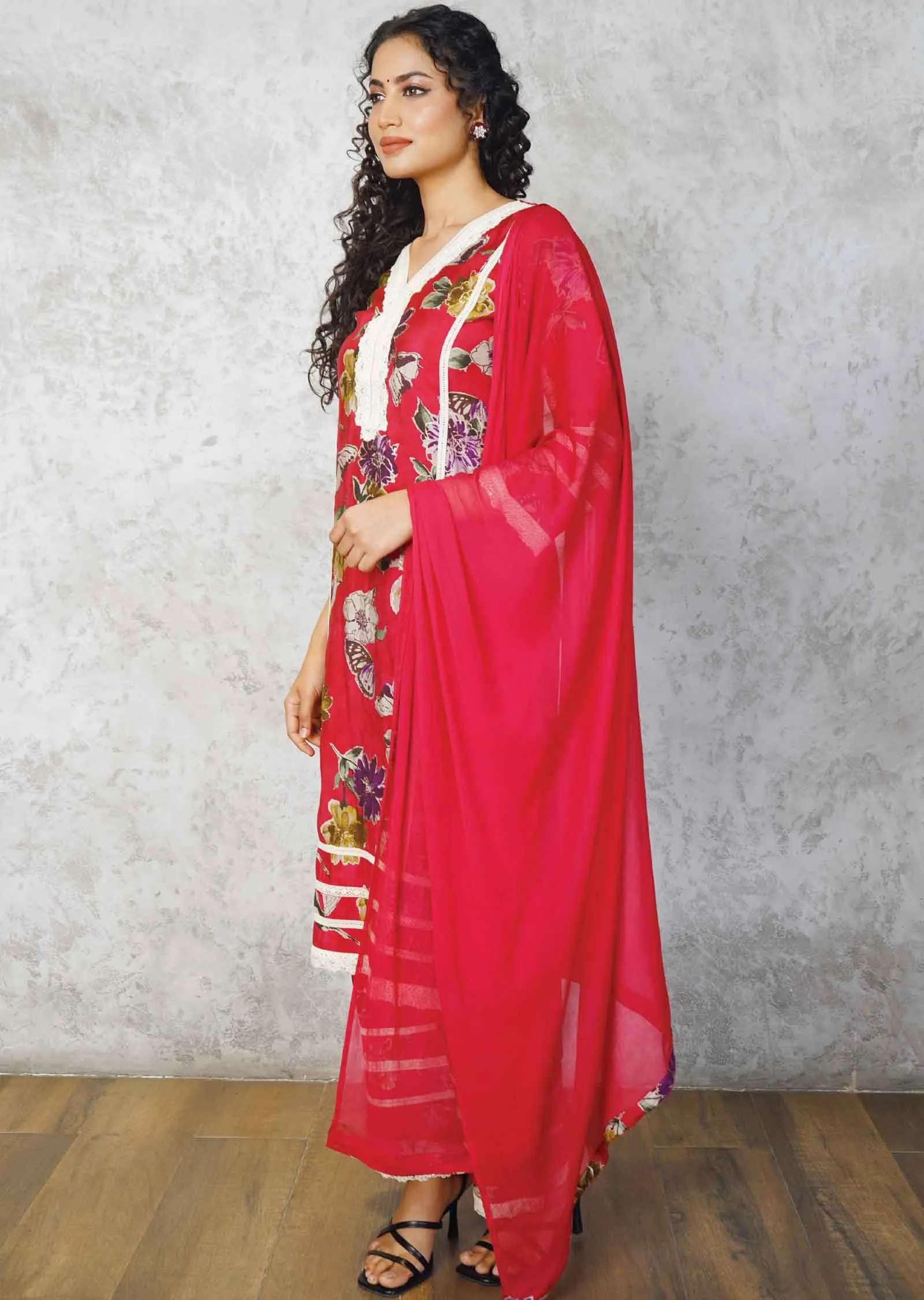 Magenta Modal Sequins Straight cut suits