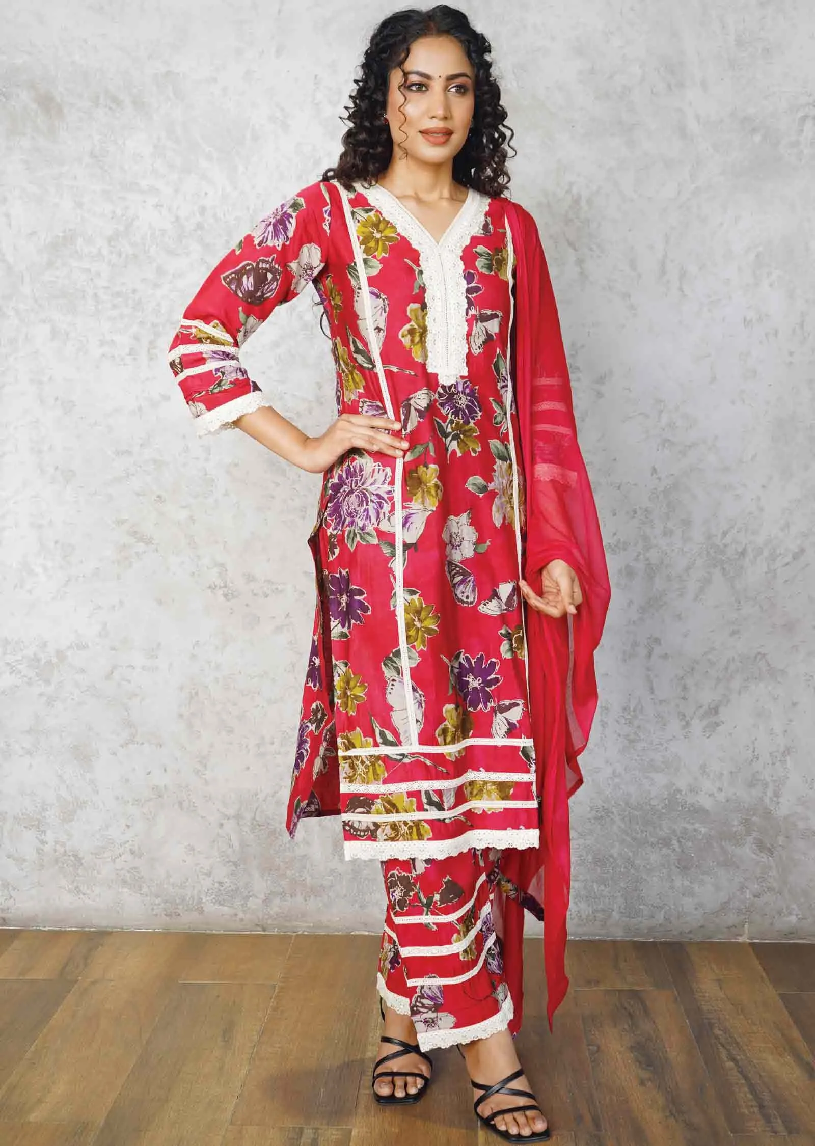Magenta Modal Sequins Straight cut suits