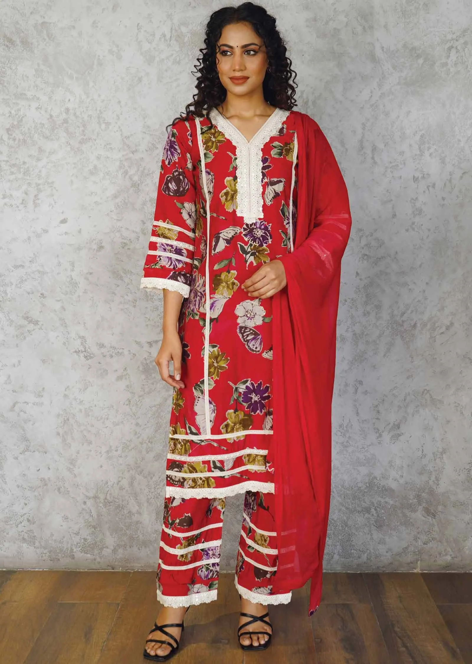 Magenta Modal Sequins Straight cut suits