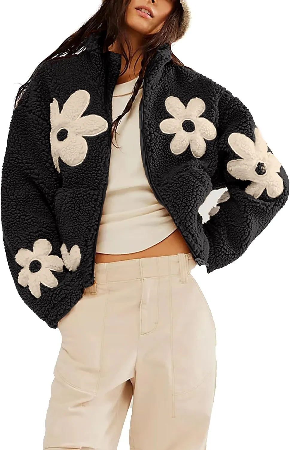 Maixang Womens Floral Print Sherpa Fleece Jackets Winter Zipper Cropped Coat Casual Long Sleeve Outwear with Pockets