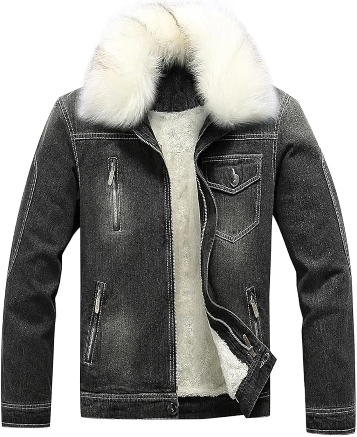Maiyifu-GJ Men's Sherpa Lined Distressed Denim Jacket Casual Faux Fur Collar Fleece Coat Winter Jeans Trucker Jacket