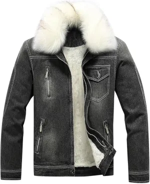 Maiyifu-GJ Men's Sherpa Lined Distressed Denim Jacket Casual Faux Fur Collar Fleece Coat Winter Jeans Trucker Jacket