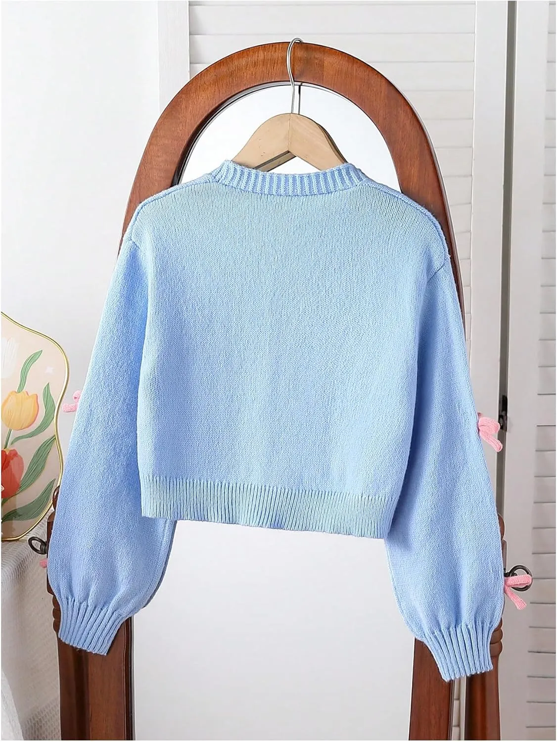 MakeMeChic Girl's 3D Bow Long Sleeve V Neck Button Down Cardigan Sweater Knitted Outerwear