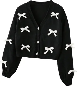 MakeMeChic Girl's 3D Bow Long Sleeve V Neck Button Down Cardigan Sweater Knitted Outerwear