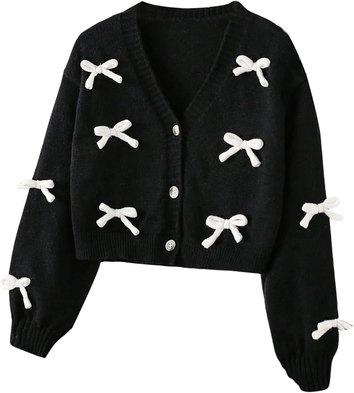 MakeMeChic Girl's 3D Bow Long Sleeve V Neck Button Down Cardigan Sweater Knitted Outerwear