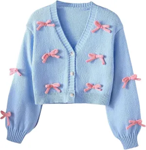 MakeMeChic Girl's 3D Bow Long Sleeve V Neck Button Down Cardigan Sweater Knitted Outerwear