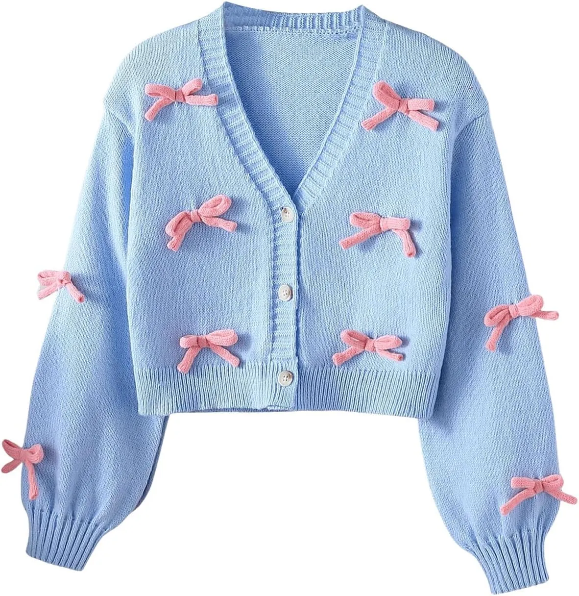 MakeMeChic Girl's 3D Bow Long Sleeve V Neck Button Down Cardigan Sweater Knitted Outerwear