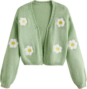MakeMeChic Women's 3D Floral Open Front Cropped Cute Cardigan Sweater Lantern Sleeve Outerwear