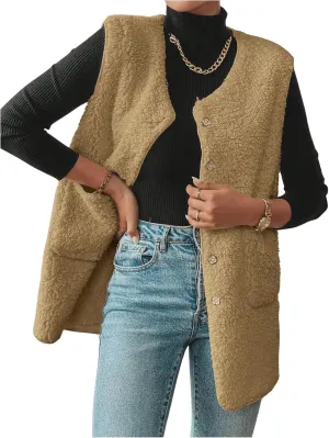 MakeMeChic Women's Button Down Fleece Vest Jacket V Neck Sleeveless Pocket Vest Top Coat Jackets