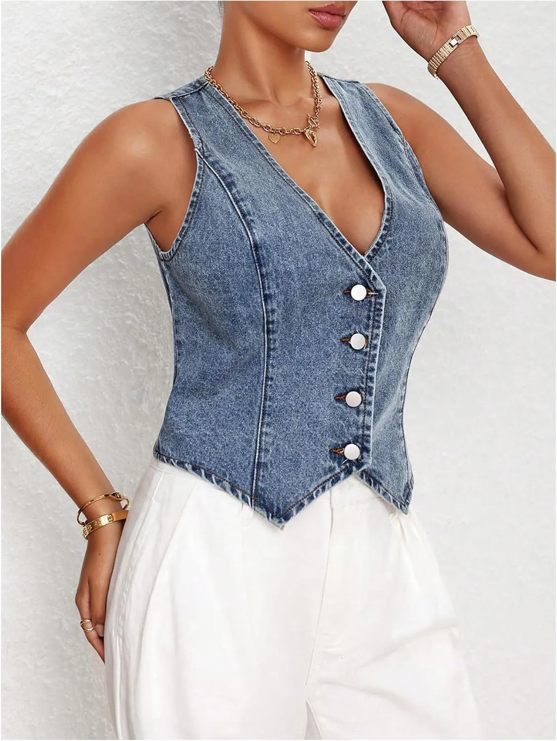 MakeMeChic Women's Denim Vest Tops Y2K Button Down V Neck Asymmetrical Crop Jean Vest Jackets