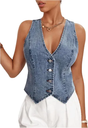 MakeMeChic Women's Denim Vest Tops Y2K Button Down V Neck Asymmetrical Crop Jean Vest Jackets