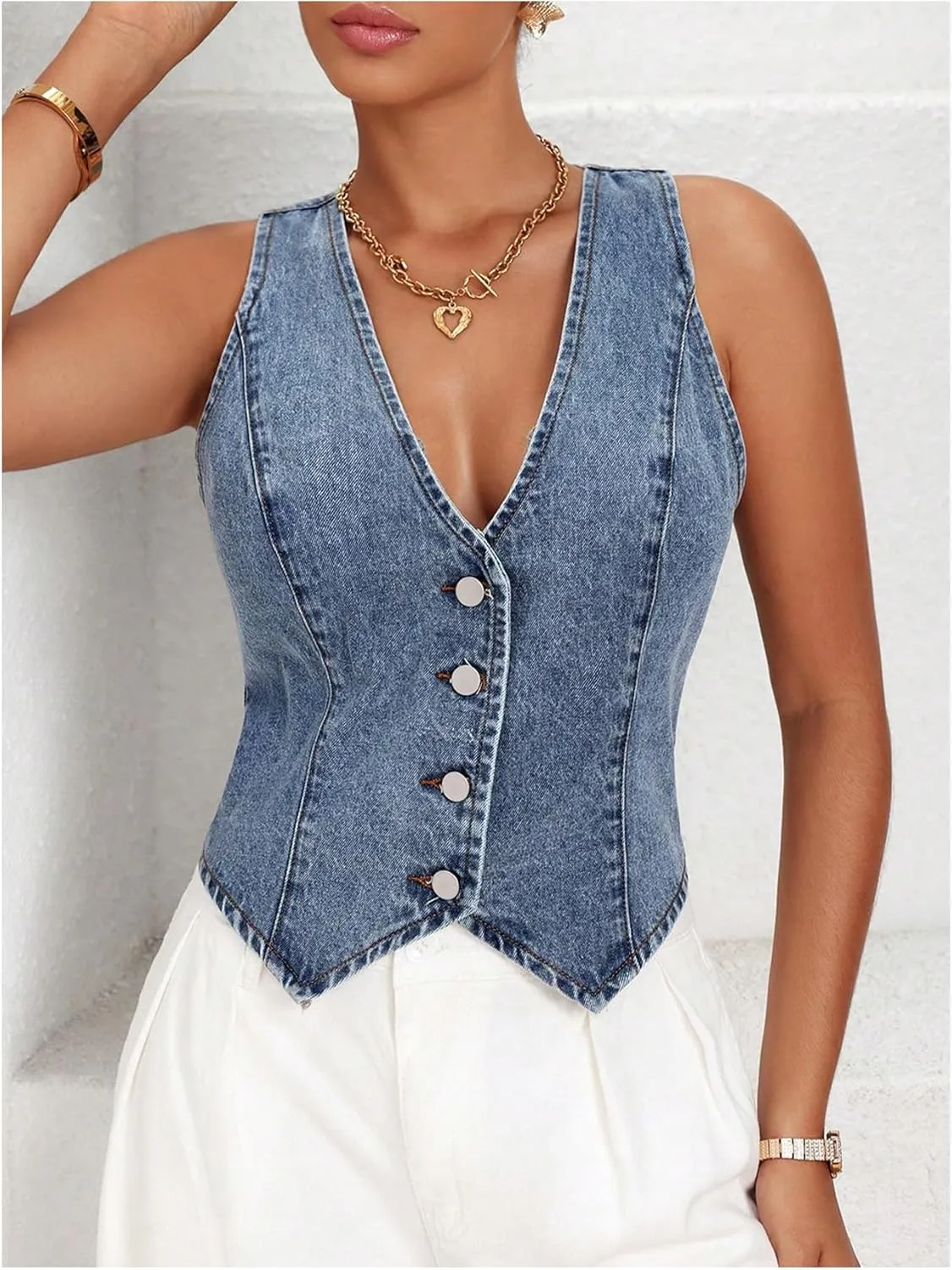 MakeMeChic Women's Denim Vest Tops Y2K Button Down V Neck Asymmetrical Crop Jean Vest Jackets