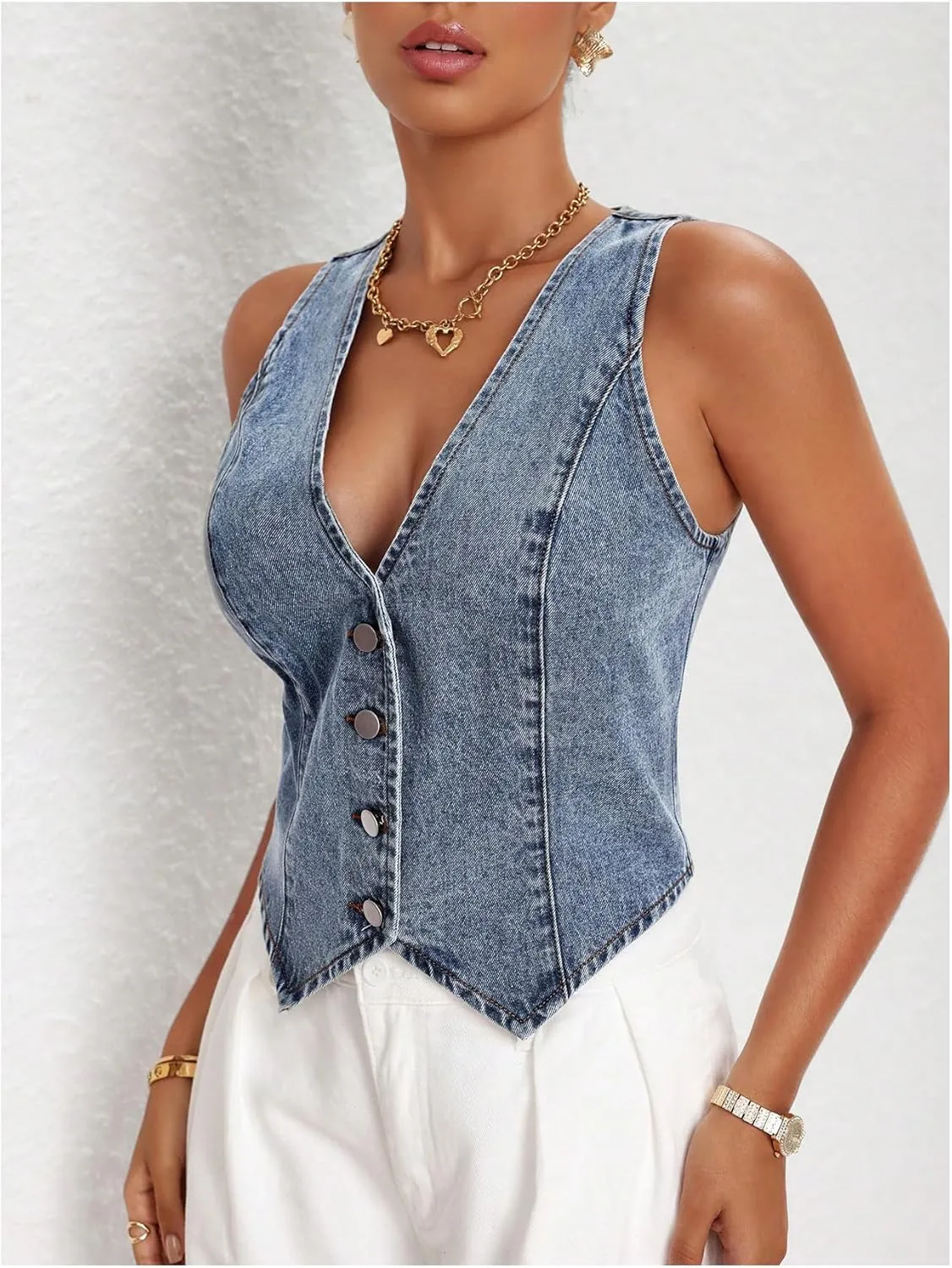 MakeMeChic Women's Denim Vest Tops Y2K Button Down V Neck Asymmetrical Crop Jean Vest Jackets