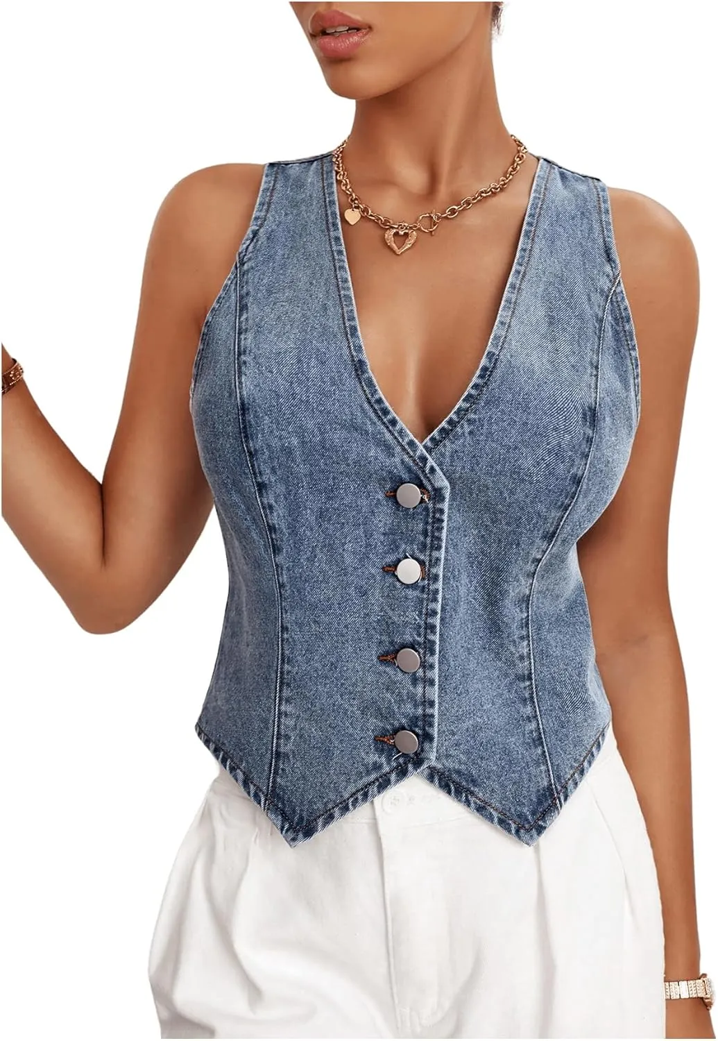 MakeMeChic Women's Denim Vest Tops Y2K Button Down V Neck Asymmetrical Crop Jean Vest Jackets