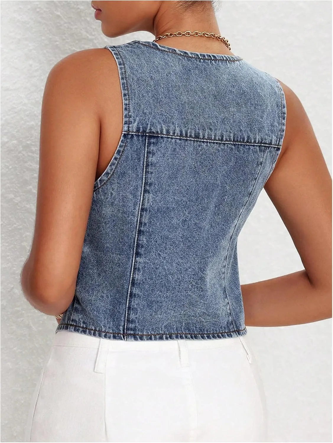 MakeMeChic Women's Denim Vest Tops Y2K Button Down V Neck Asymmetrical Crop Jean Vest Jackets