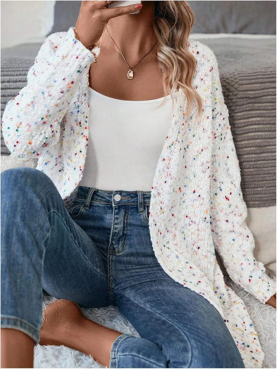 MakeMeChic Women's Popcorn Knit Open Front V Neck Cardigan Sweater Long Sleeve Drop Shoulder Outerwear