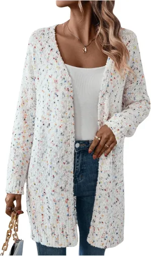 MakeMeChic Women's Popcorn Knit Open Front V Neck Cardigan Sweater Long Sleeve Drop Shoulder Outerwear