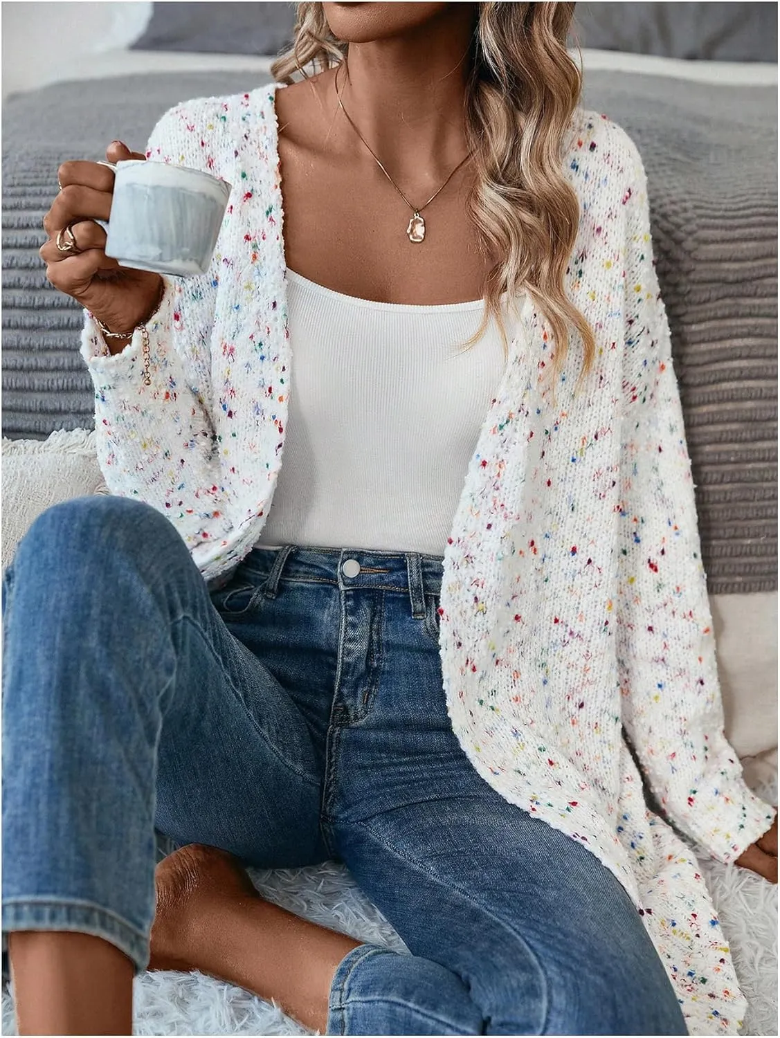 MakeMeChic Women's Popcorn Knit Open Front V Neck Cardigan Sweater Long Sleeve Drop Shoulder Outerwear