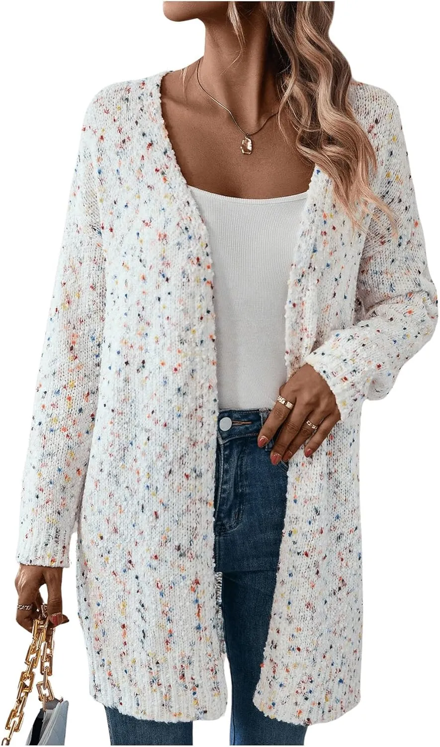 MakeMeChic Women's Popcorn Knit Open Front V Neck Cardigan Sweater Long Sleeve Drop Shoulder Outerwear