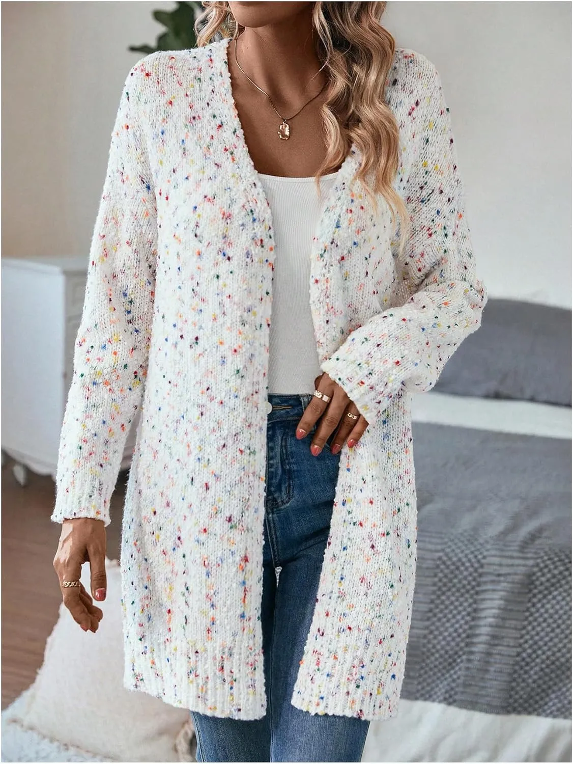 MakeMeChic Women's Popcorn Knit Open Front V Neck Cardigan Sweater Long Sleeve Drop Shoulder Outerwear
