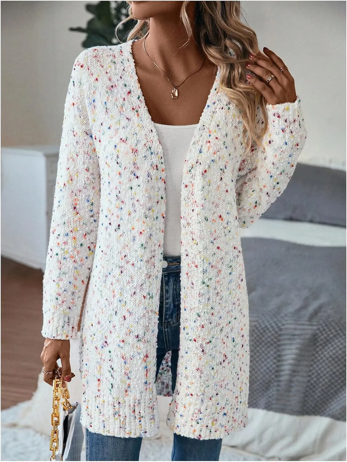 MakeMeChic Women's Popcorn Knit Open Front V Neck Cardigan Sweater Long Sleeve Drop Shoulder Outerwear